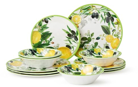 Limone - Juego de vajilla de melamina de 12 piezas, inspirado en cítricos, servicio para 4, duradero, inastillable, platos y cuencos aptos para lavavajillas para comer todos los días, uso al aire
