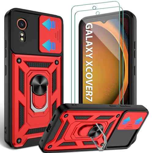 Jshru Handyhülle für Samsung Galaxy XCover 7 Hülle mit 2 Stück Schutzfolie Militärisch Stoßfest Schutzhülle Kameraschutz Schutz,360° Ring Ständer Kratzfest Case für Galaxy XCover7,Rot