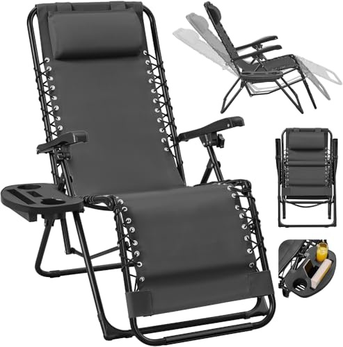 Yaheetech 2er Set Sonnenliege Liegestuhl Klappbar Gartenliege mit Kopfkissen & Becherhalter Tragbare Relaxliege für Strand/Garten/Balkon, Dunkelgrau