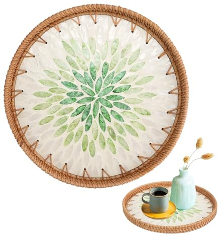 CRITIVE-S Rattan Coffee Table Tray, Decorative Baskets with Mother of Pearl | Round Wicker Tray for Home Decor Storage Display, Hand Woven Serving Tray, Decorative Plates for Breakfast Fruit Food Emerald