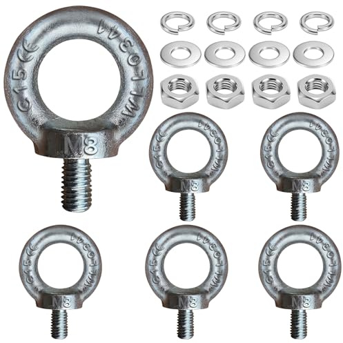 Seconero 6 Pièces M8 Anneau de Levage C15 Acier, M8 Boulons àœil Filetage Mâle, Boulons à œil Ronds, Piton a Oeil Avec Bouchons et Rondelles pour Marin et Équipements de Levage d'Ingénierie 140KG