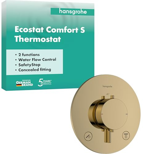 hansgrohe Ecostat Comfort S - Duschthermostat Unterputz, Duscharmatur mit Sicherheitssperre (SafetyStop) bei 40° C, Thermostat für die Dusche, für 2 Verbraucher, Polished Gold Optic, 33715990