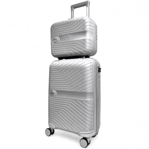 RYDR 2-Piece Lightweight Luggage Set Hard Shell Suitcase with Combination Lock Spinner Wheels Travel Carry On Hand Cabin Luggage with Beauty Case (Grey)