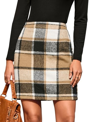 Simplee Women's Plaid Mini Skirt - High Waisted A Line Bodycon Fall Winter Corduroy Skirts(Brown Plaid,8)