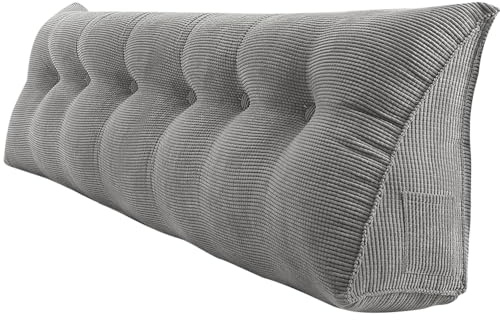 OHMG 120/140/160/180/200 cm Rückenkissen, geeignet für Bett und Sofa, Lendenkissen, Lesekissen, Kissen mit abnehmbarem Nackenband und waschbarem Bezug, praktische Seitentasche (Grau, 180)