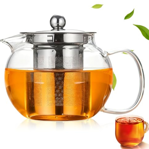 Théière en verre borosilicate résistant à la chaleur 1300 ml avec infuseur amovible et couvercle, plaque de cuisson, bouilloire à thé en verre, théière en verre pour thé, tisane et sachets de thé