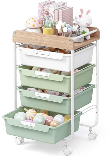 4-Schubladen-Rollwagen mit Rädern und Aufbewahrungsbox Mehrzweck-Rollwagen aus Kunststoff mit Holzregalen Geeignet für Badezimmer, Küchen, Wohnzimmer und Büros In verschiedenen Farben erhältlich