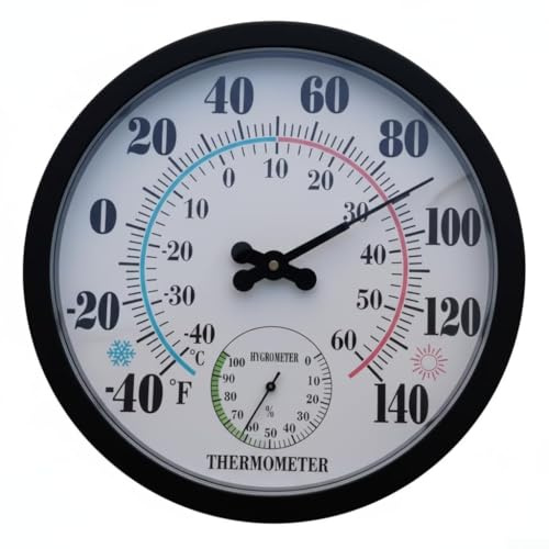 Termometro igrometro per interni/esterni, 20 cm, temperatura ambiente circolare, misuratore di umidità, termometro meteo, quadrante analogico monitor -40°C-60°F (nero)