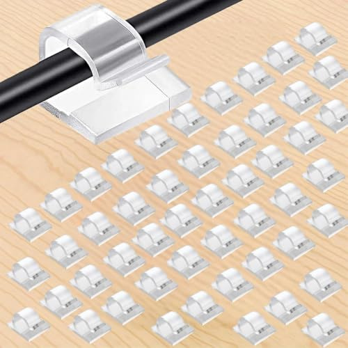 60PCS Clear Self Adhesive Cable Clips, Wire Organiser Cord Management Hooks for Christmas Fairy Lights, Home Office TV PC USB Router Cable Tidy, No Drill Transparent Wire Holder