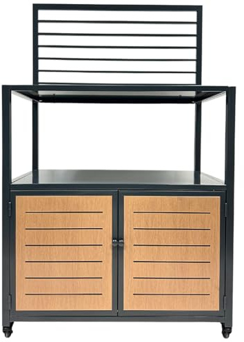 abc HOME Outdoor Küchenwagen Grilltisch fahrbar | Wetterfestes Metall (verzinkt & pulverbeschichtet) | Gasflaschenschrank & Schwerlastrollen | Anthrazit Holzoptik (1, Küchenwagen mit Rückenwand)
