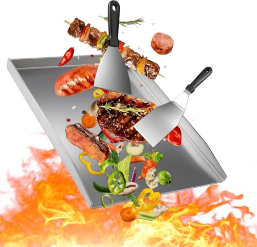 VIFERR Plancha Barbacoa de Acero Inoxidable, 40 x 30 cm Plancha de Acero Inoxidable Universal con 2 Espátulas para Parrilla de Gas y Carbón, Accesorio de Barbacoa