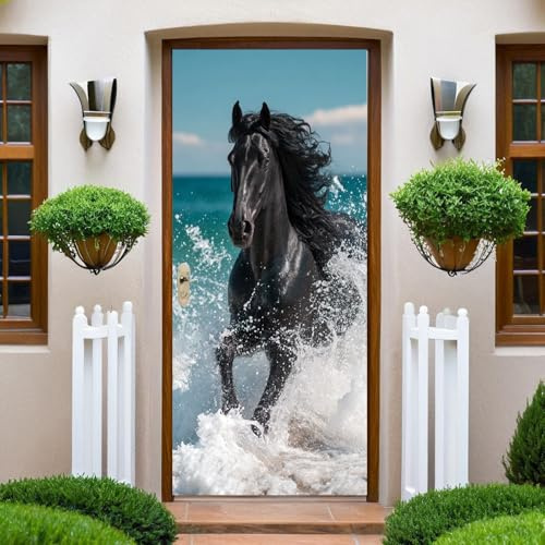 Blau Türtapete Selbstklebend Schwarzes Pferd 77 x 200 cm Türaufkleber Türfolie Wasserdicht Türposter Wandtattoo Türdeko Schlafzimmer Toilette
