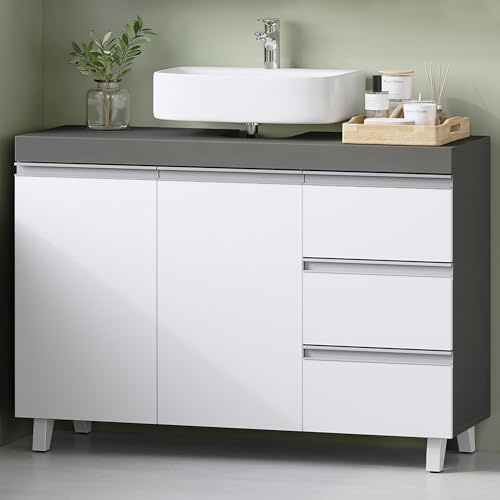 Hzuaneri Mueble Bajo Lavabo, Armario de Baño, 3 Cajones, 2 Puertas, con Pies, 30 x 90 x 64 cm, Estilo Moderno, Blanco y Gris BC29929X