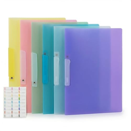 Nivofu 12er Pack Klemmmappe A4 aus stabilem Kunststoff - Transparente Bewerbungsmappe ohne Lochung mit Aufklebern - Schnellhefter A4 Plastik mit starkem Clip für Schule, Büro & Uni, Farbig sortiert