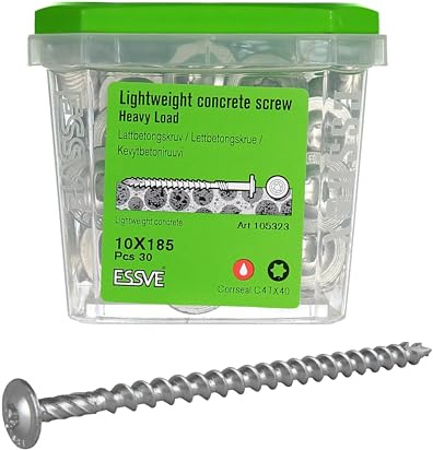 ESSVE HL-W Vite per calcestruzzo cellulare 10 x 185 mm TX40 C4 – per carichi pesanti, senza preforatura, ETA-20/0335, CE, fissaggio portante, antiruggine, per calcestruzzo gas/ytong, ambienti esterni