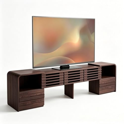 eGenuss TV Lowboard ausziehbar in Nussbaumoptik, moderner TV-Schrank mit Lamellentüren & drehbaren Seitenmodulen, TV Board für Fernseher bis 60 Zoll, Japandi Fernsehtisch mit Stauraum, 162 cm
