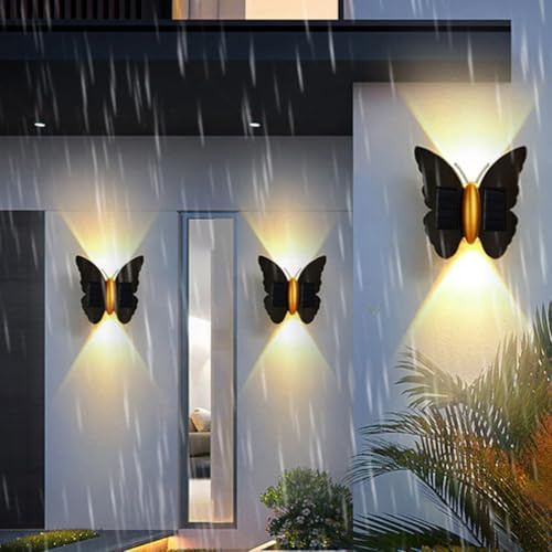 Kivivaka Lámpara solar de pared IP65 impermeable, diseño de mariposa hacia arriba y hacia abajo para iluminación, 3000 K, blanco cálido, decoración de jardín, interior y exterior, lámpara recargable