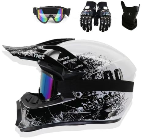 Full Face Motocross-hjälm för ungdomar, unisex offroad-motorcykelhjälm | Med handskar Goggles Mask, MTB ATV BMX Downhill Enduro Racing Quad Dirt Bike-hjälm, DOT-godkänd