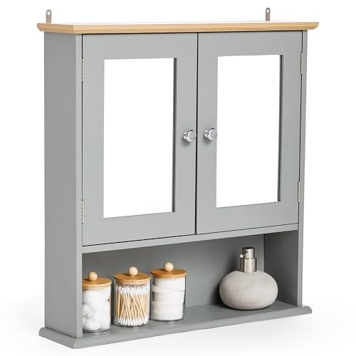 VonHaus Bathroom Mirror Cabinet – Grey Bathroom Wall Cabinet with Wood Effect Top - 2 Door with Mirror, 3 Internal Shelves & 1 Open Shelf - for Toiletries & Medicine - Shrewsbury | Wall Mounted Bathroom Storage, 3 Internal Shelves, 1 Open Shelf, Water-resistant, For Toiletries & Medicine
