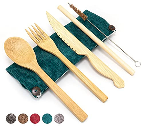 Jungle Culture® Bambus Besteck Set • Besteck Holz, Messer Gabel, Löffel, Strohhalm, Bürste, Jutebeutel in Grün • Umweltfreundliches Besteckset • Reisebesteck für Unterwegs, Holzutensilien, Abfallfrei