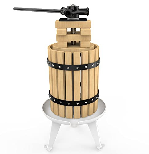 SQUEEZE master Fruit Press- 1.6 Gallon/6L-Solid Wood Basket Wine Press-Vintage traditional juicer-6 Press Wooden Blocks-Pole Handle Bar for Juice,Wine,Cider-1 free filter bag included