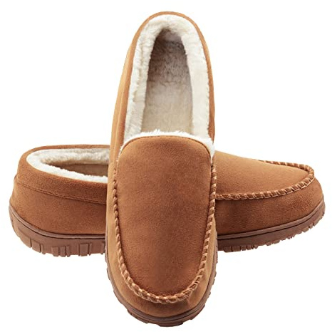 Lulex Moccasins for Men House Slippers Indoor Outdoor Plush Mens Bedroom Shoes with Hard Sole Beige 12 M US