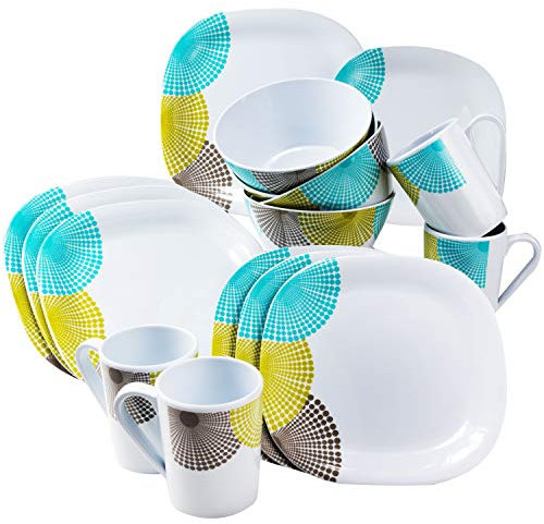 Campinggeschirr aus Melamin für 4 Personen 16 Teile - weiß bunt - Geschirrset - Camping Geschirr Set