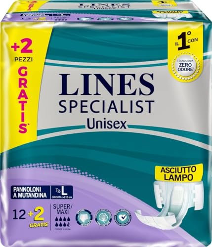 Lines Specialist Unisex Pannoloni a Mutandina Super Maxi, per Incontinenza Donna e Uomo, Asciutto Lampo e Ottima vestibilità, Zero Odore, Taglia L, 1 Confezione da 14 Unità