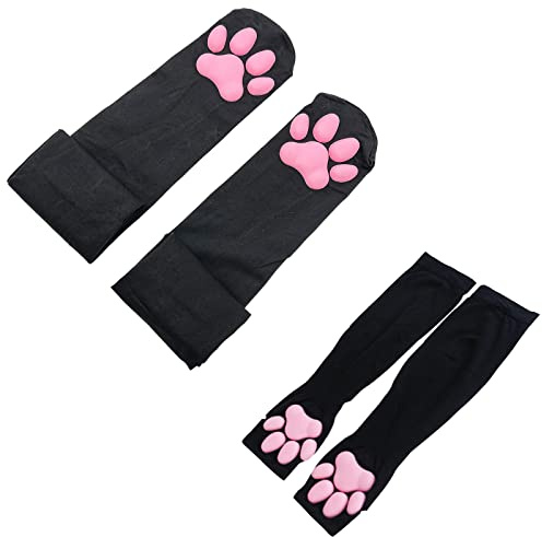 ZTVOWTO Bonitos calcetines de Cosplay hasta el muslo con almohadilla de pata de gato con mitones de garra de gatito 3D rosas, guantes largos sin dedos para niñas y mujeres(negro-1)