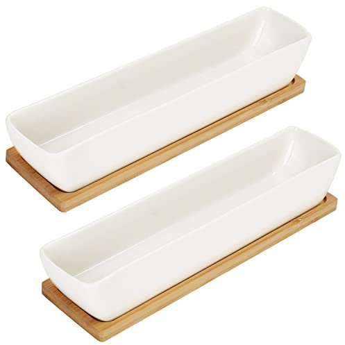 BELLE VOUS Vasi Ceramica per Piante Bianchi Rettangolari con Sottovaso in Bambù (2pz) - Set Vasi Per Piante Grasse L24 x L5,5 x H4 cm - Vaso Fiori Ceramica per Ufficio, Tavolo da Interno e Giardino