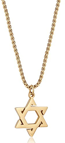Joxevyia Star of David Necklace Stainless steel David Star Jewish Star Pendant on round Box Chain Dainty Religious Necklaces Gifts for Men Guys Son (22IN, GOLD)
