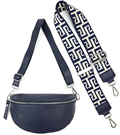 Made in Italy OBC Damen Set Gürteltasche + Schultergurt Leder Crossbody Hüfttasche Bauchtasche Umhängetasche Brusttasche Crossover Bodybag Schultertasche Handytasche Tasche Navy S (22cm) + Gürtel