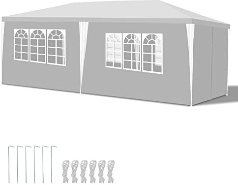 Joparri Paviljong, 3 x 6 m vattentät trädgårdspaviljong med 6 sidodelar och fönster, trädgårdstält, stabilt UV-skydd, trädgårdspaviljong för utomhusbruk, trädgård, fest, bröllop, picknick, marknadsstånd, vit