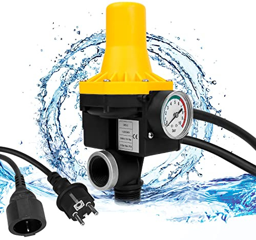 Ansobea Elektronische Pumpensteuerung 1100W 9000l/h, Druckschalter für Wasser,10Bar Druckwächter mit Kabel, IP65 Druckschalter für Wasserpumpen, überwacht den Wasserdurchfluss(1.5-3 Bar)Gelb+schwarz