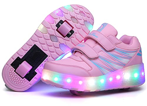 Skridskor för barn med LED-belysning LED-lampor, USB-uppladdningsbara dubbla hjul sportskor bästa presenterna till födelsedagsfesten Thanksgiving Påsk karneval, Rosa/rosa, 28 EU