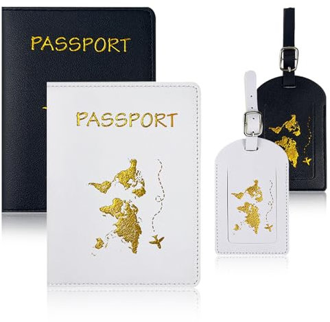 Reisepasshülle, 4 Stücke Passport Holder und Kofferanhänger Set, PU Leather Gepäckanhänger Passport Cover für Kreditkarten Ausweis und Reisedokumente Schwarz Weiß
