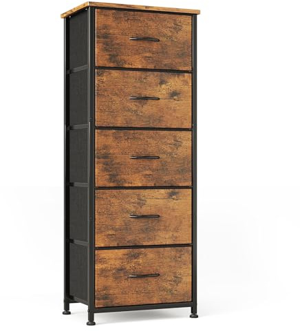 CAIYUN Chest of Drawers, 5 Drawer Tall Dresser, Fabric Dresser for Bedroom Closet Entryway Hallway Nursery Bedside, Storage Organiser Unit, Rustic Brown