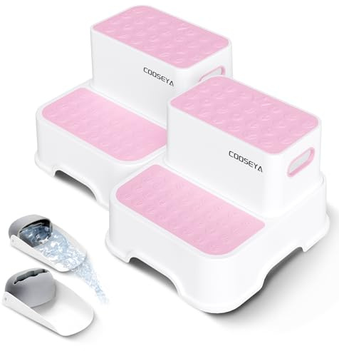 COOSEYA 2 Step Stools for Kids,Toddler Step Stool for Bathroom Sink,No-Slip Double up Stepping for Toddlers, Multifunctional Toilet Potty Stool for Kids,Toilet Potty Training(2 Packs)（Pink）