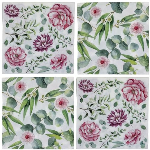 MIJOMA 4 Paquetes de Servilletas con Motivos, Decorativas, Servilletas de Papel de 3 Capas para Ocasiones Especiales, Varios Diseños, Sin Cloro, Colores al Agua (Hojas y Flores, 33 x 33 cm)