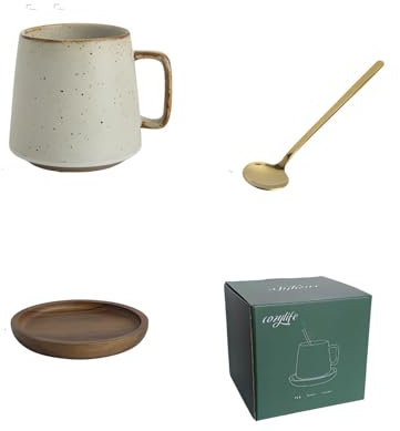Ceramic Coffee and Tea Cup with Natural Acacia Wood Saucer (8 Oz), Best for Latte, Cappuccino, Tea or Espresso. Unglazed Porcelain Arty Mug (Warm white)