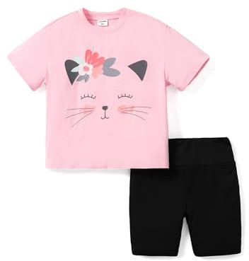 PATPAT Set di vestiti per bambini e bambine oversize, 2 pezzi, t-shirt a maniche corte + stampa con motivo motociclista, pantaloni da ciclismo, leggings, pantaloncini, estate, 3-12 anni