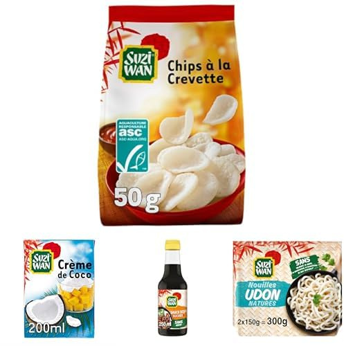 Kit Suzi Wan: Creme Coco, Sauce Soja sucrée, Chips Crevette, Nouilles Udon | Kit cuisine asiatique complet: crème de coco 200ml, sauce soja sucrée 250ml, chips à la crevette 50g et nouilles Udon 2x150g