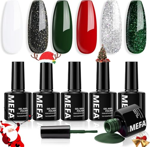 MEFA UV Nagellack Weihnachten 6 Farben Rot Weiß Grün Schwarz Glitzer Farben 7 ML Soak Off UV LED Gel Nagellack Schellack Set für Gelnägel Nail Art Kit Maniküre Nageldesign Nägel Selber Machen