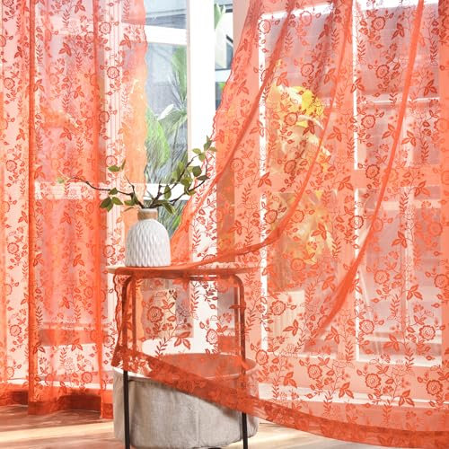 Küchengardinen mit Spitze, 114 cm Länge, 2 Paneele, rustikales Blatt-Blumenmuster, Vintage, Rost, durchscheinend, kurz für kleine Fenster, Stangentasche, Sichtschutz, Fenstervorhang, 106,7 x 114,3 cm