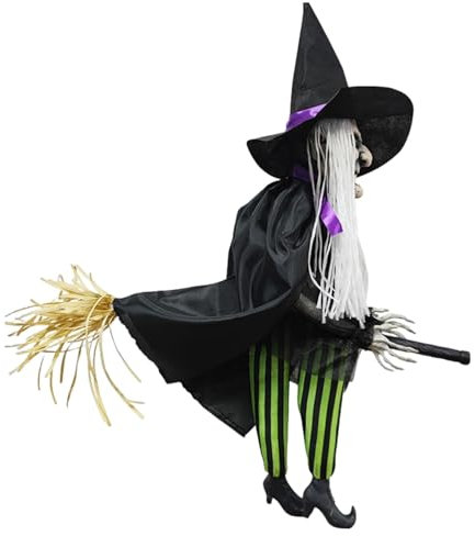 Leuchtende Hexendekoration – Hexe auf Besen | Gartenhexe Reitbesen Statue Hexe Skulptur Ornamente mit Sound für Halloween, Urlaub & Requisite