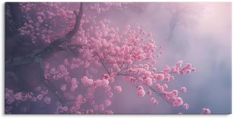 Paul Sinus Wandbild auf Leinwand in 120x60cm Kirschblüten Nebel Morgen Rosa Natur Romantik Leinwandbild