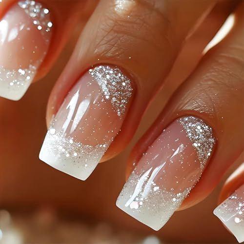 GlamRays Pack of 24 White Press On Nails French Shiny Silver Glitter Acrylic False Nails Sparkling False Nails Gel Adhesive Nails for Manicure Glitter Glue Nails Medium Size