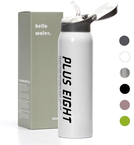 pluseight Borraccia termica con cannuccia, 500 ml, a prova di perdite, in acciaio inox 18/8, per sport, palestra o ufficio, senza BPA, mantiene il freddo per 24 ore e caldo 12 ore (bianco)