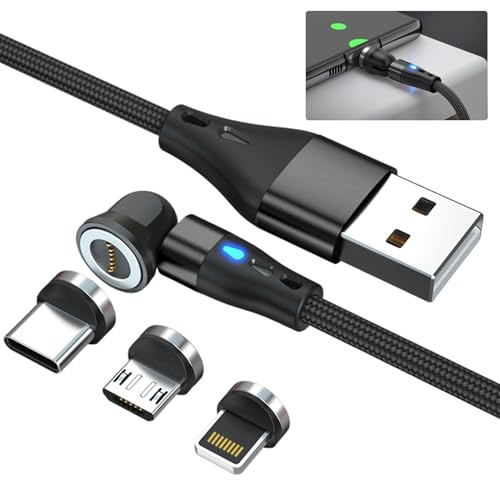 Greacesrio Cavo di Ricarica Magnetico 2M, Rotante a 360° e 180°, Cavo Magnetico 3 in 1, Caricabatterie Magnetico, Ricarica Rapida 3A e Trasferimento Dati per Telefono di micro USB/i-Product/Tipo C