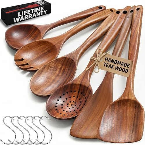 PriorityChef Wooden Spoons for Cooking, Premium 6pc Teak Wood Utensil Set with Hanging Hooks
